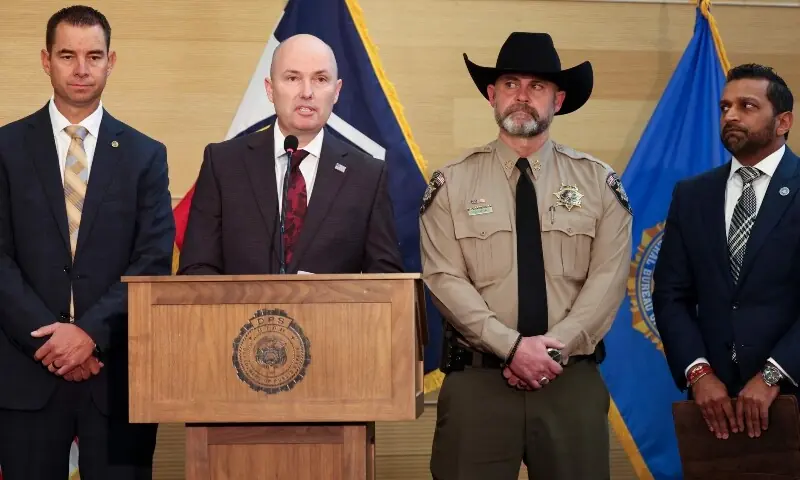 Utah Department of Public Safety Beau Mason, Utah Governor Spencer Cox, Sheriff Mike Smith and FBI director Kash Patel attend a press conference outside the Doterra Auditorium at Utah Valley University a day after youth activist and influencer Charlie Kirk was shot during a public event in Orem, Utah, US, Sept 12. &mdash; AFP