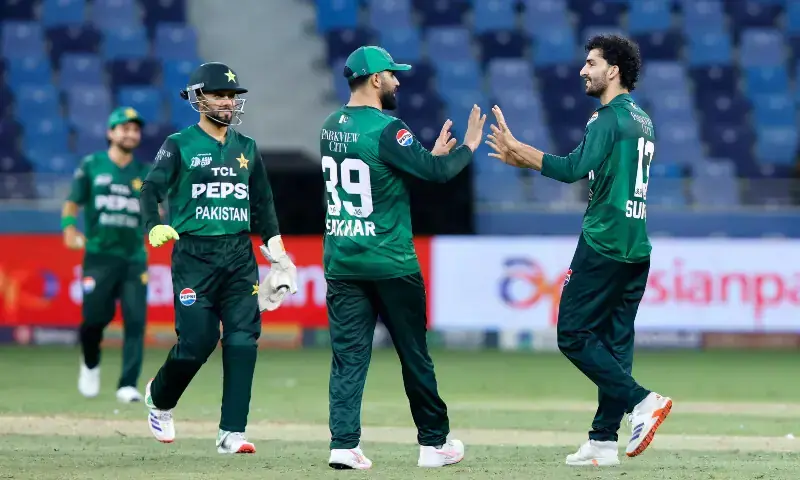 Pakistan men&rsquo;s team celebrate during the Asia Cup 2025 T20 international cricket match between Oman and Pakistan at the Dubai International Stadium in Dubai on September 12, 2025. &mdash; X/PCB