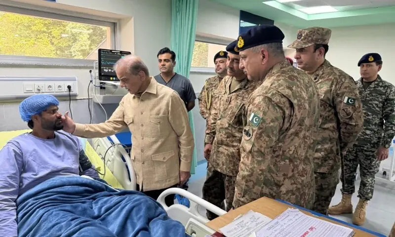 Prime Minister Shehbaz Sharif and Chief of Army Staff Field Marshal Asim Munir visit injured soldiers at Bannu Combined Military Hospital on Saturday. &mdash; PTV News X