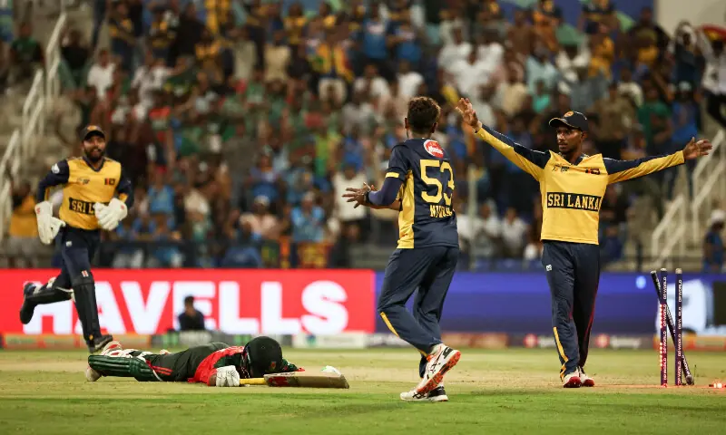 Sri Lanka&rsquo;s players celebrate after the dismissal of Bangladesh&rsquo;s Towhid Hridoy during the Asia Cup 2025 Twenty20 international cricket match between Bangladesh and Sri Lanka at the Sheikh Zayed Cricket Stadium in Abu Dhabi on September 13, 2025. &mdash; AFP