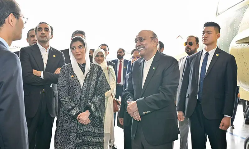 President Zardari visits the Aviation Industry Corporation of China, accompanied by PPP Chairman Bilawal Bhutto-Zardari and Member of the National Assembly Aseefa Bhutto-Zardari, in Chengdu, China on September 14. &mdash; X/@PresofPakistan