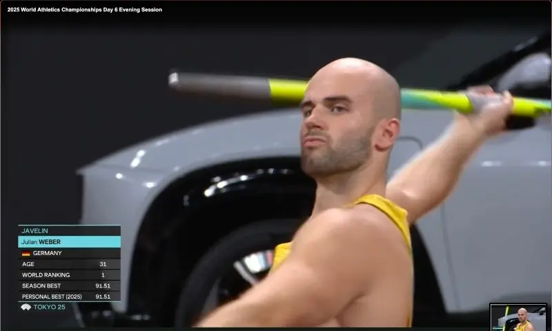 Germany&rsquo;s Julian Weber opens the javelin final with a throw of 83.863m. &mdash; Screengrab via World Athletics website