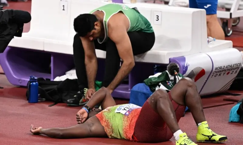 World Athletics Championships Tokyo 2025 - Men&rsquo;s Javelin Throw Final - Japan National Stadium, Tokyo, Japan - September 18, 2025 Kenya&rsquo;s Julius Yego reacts on the ground during the final. &mdash; Reuters