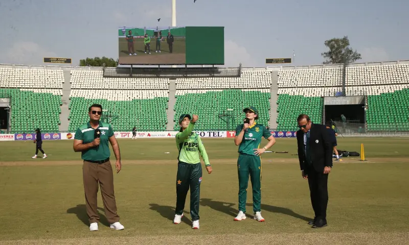 Pakistan skipper Fatima Sana at the toss with the South African skipper. - X/PCB