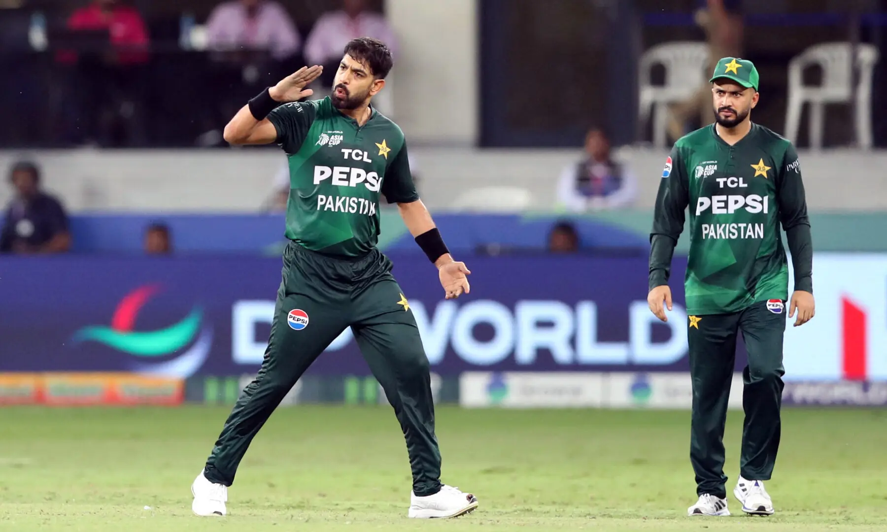 Haris Rauf celebrates after taking the wicket of India&rsquo;s Suryakumar Yadav during the Asia Cup Super Four match against Pakistan at the Dubai International Cricket Stadium on Sunday.&mdash;Reuters