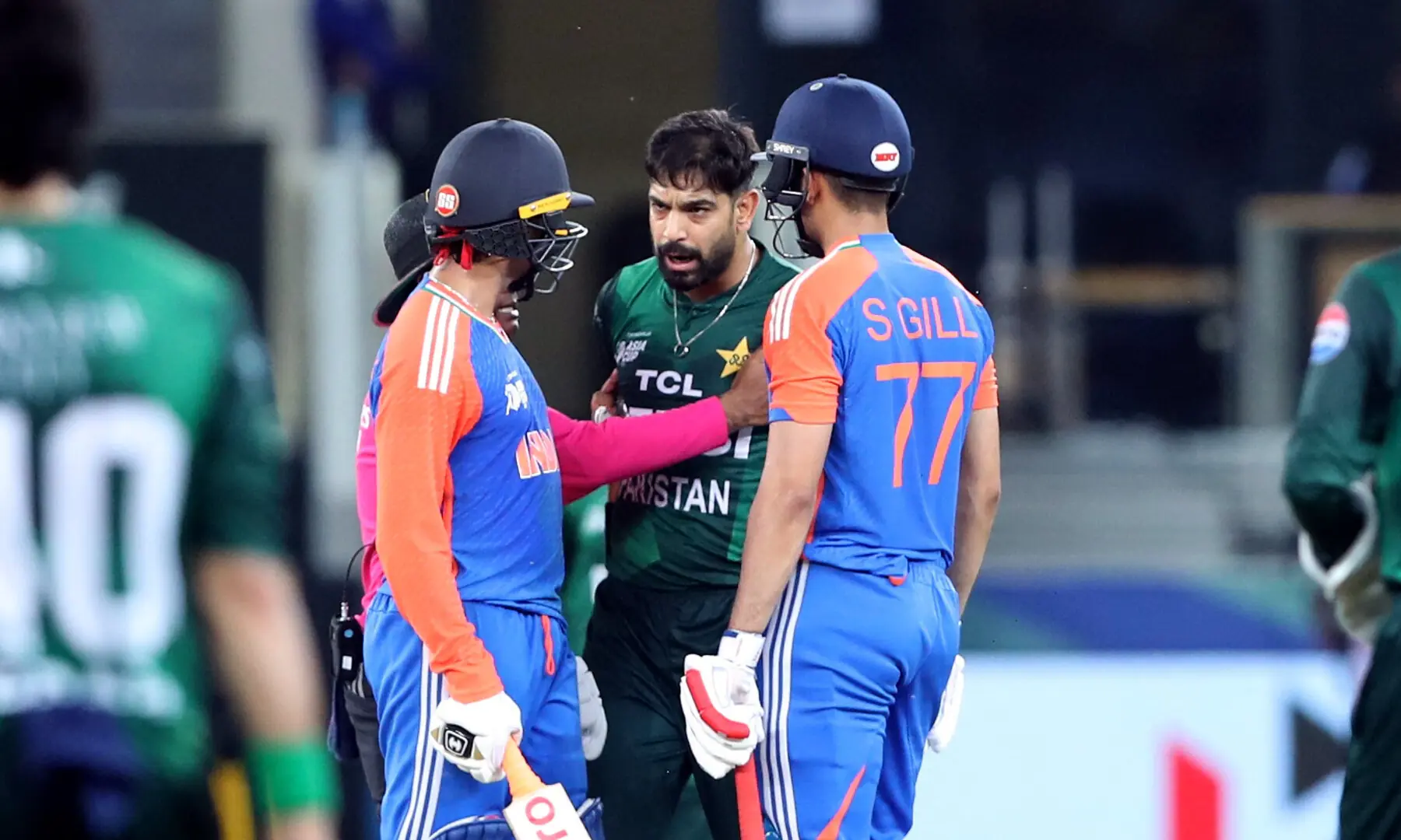 India&rsquo;s Shubman Gill and Abhishek Sharma clash with Pakistan&rsquo;s Haris Rauf during the Asia Cup Super Four match against Pakistan at the Dubai International Cricket Stadium on Sunday.&mdash;Reuters