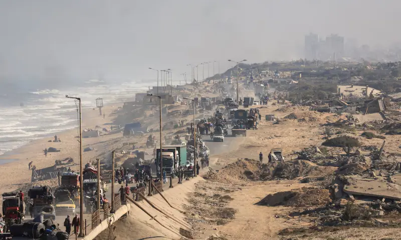 Displaced Palestinians, fleeing northern Gaza due to an Israeli military operation, move southwards after Israeli forces ordered residents of Gaza City to evacuate to the south, in the central Gaza Strip, on September 20, 2025. &mdash; Reuters