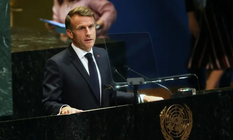 French President Emmanuel Macron speaks at a United Nations (UN) General Assembly meeting being organized by France and Saudi Arabia in support of a two-state solution between Palestine and Israel on September 22, 2025 in New York City. &mdash; AFP