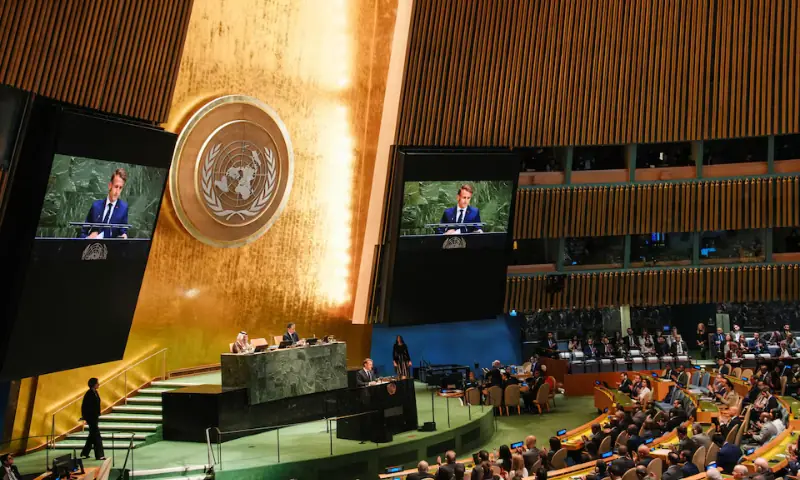 French President Emmanuel Macron addresses delegates during a high-level meeting of heads of state on a two-state solution between Israel and the Palestinians at United Nations headquarters in New York City, US, on September 22, 2025. &mdash; Reuters