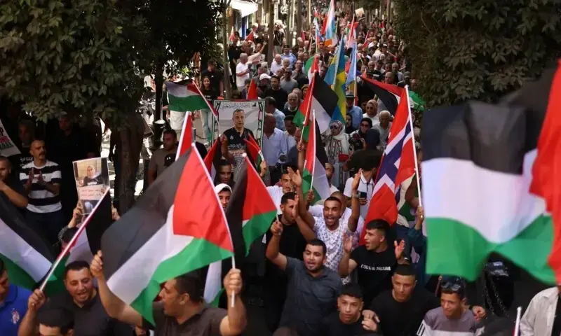 طولکرم میں درجنوں لوگ جمع ہوئے اور ان ممالک کے پرچم تھامے، جو اب فلسطین کو تسلیم کرتے ہیں &mdash; فوٹو: اے ایف پی