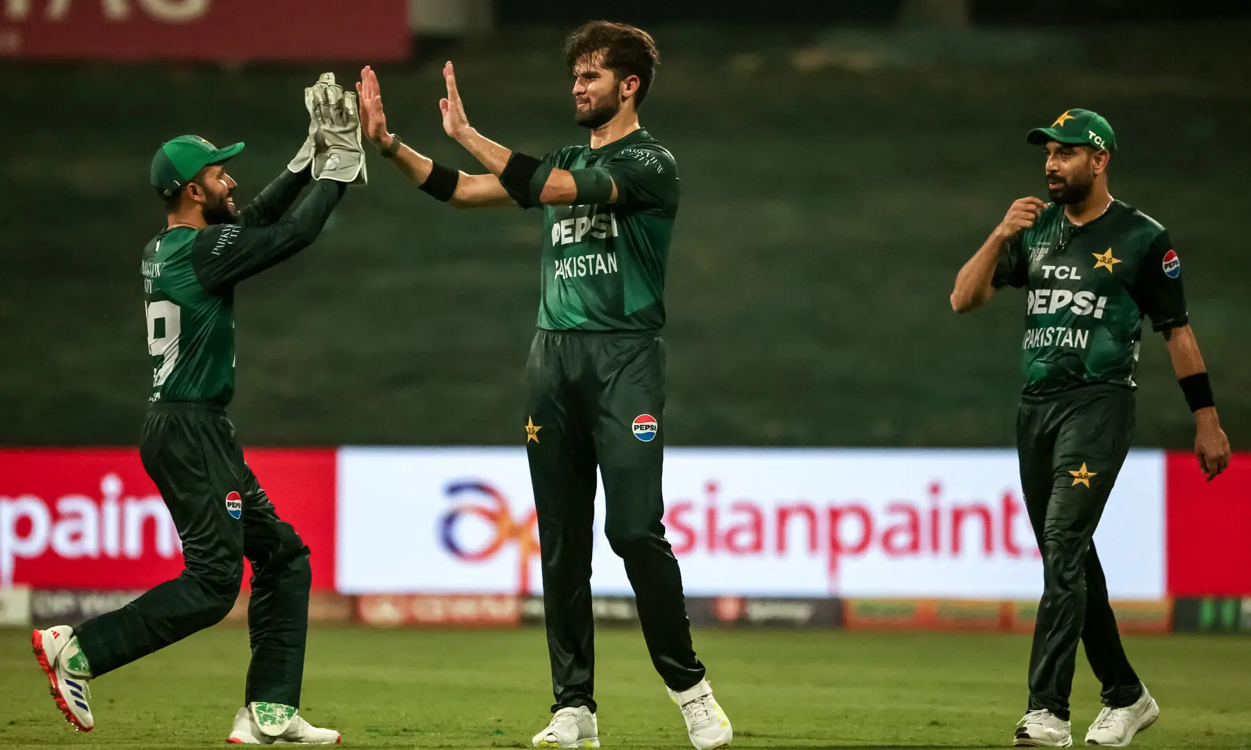 Shaheen Shah Afridi (C) celebrates with teammates after taking the wicket of Sri Lanka’s Kamindu Mendis during the Asia Cup 2025 Super Four Twenty20 international cricket match between Pakistan and Sri Lanka at the Sheikh Zayed Cricket Stadium in Abu Dhabi on September 23. — AFP