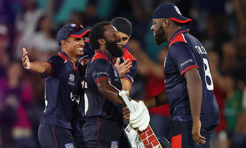 Aaron Jones of USA celebrates with teammates after winning the ICC Men’s T20 Cricket World Cup West Indies & USA 2024 match between USA and Canada at Grand Prairie Cricket Stadium on June 1, 2024 in Dallas, Texas. — AFP/File Aaron Jones of USA celebrates with teammates after winning the ICC Men’s T20 Cricket World Cup West Indies & USA 2024 match between USA and Canada at Grand Prairie Cricket Stadium on June 1, 2024 in Dallas, Texas. — AFP/File
