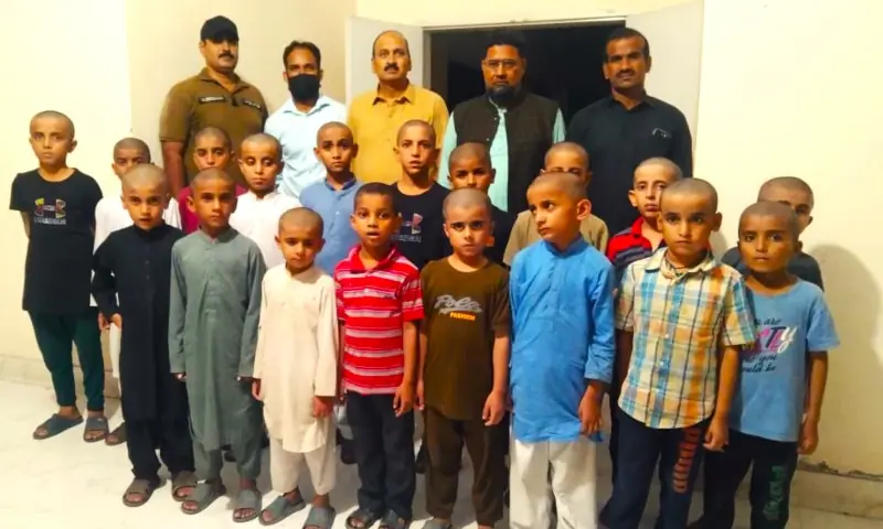 The recovered 18 children are in the office of the District Protection Bureau, Sahiwal. — Shafiq Butt