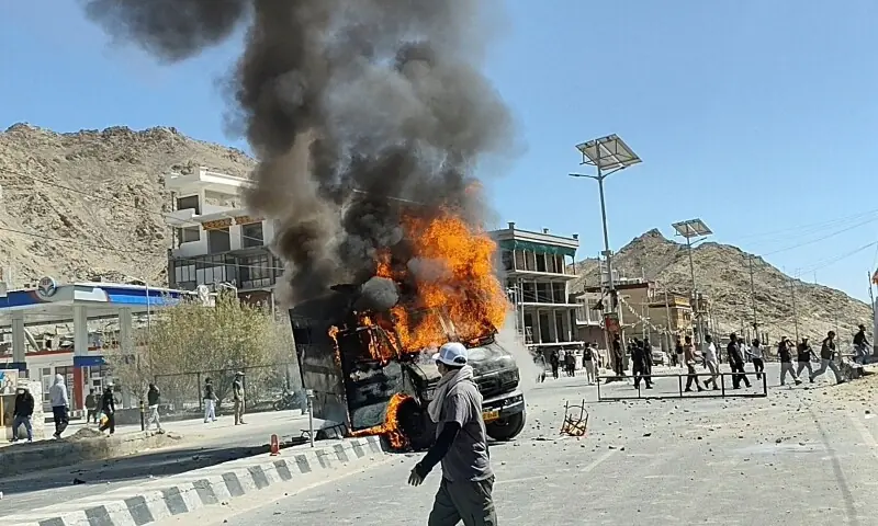A vehicle is set on fire during a protest by locals demanding statehood for the federal territory and job quotas for local residents in Leh, in the Ladakh region, September 24. &mdash; Reuters