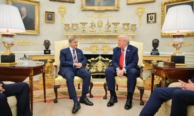 Prime Minister Muhammad Shehbaz Sharif speaks with US President Donald Trump at the White House, Washington DC on 26 September 2025. &mdash; TararAttaullah/X