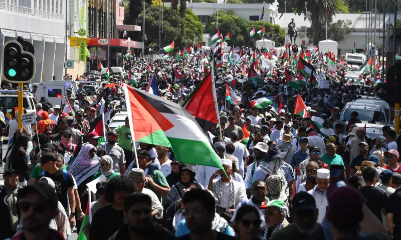 Protesters gather outside the South African parliament during civil society and faith-based organisations&rsquo; mass rally for Gaza, in Cape Town on September 27, 2025. &mdash; AFP