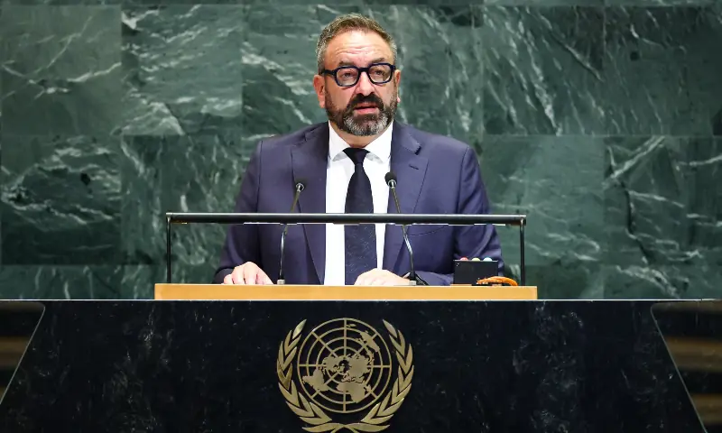San Marino’s Foreign and Political Affairs Minister Luca Beccari addresses the United Nations General Assembly at UN headquarters in New York City on September 27, 2025. — AFP