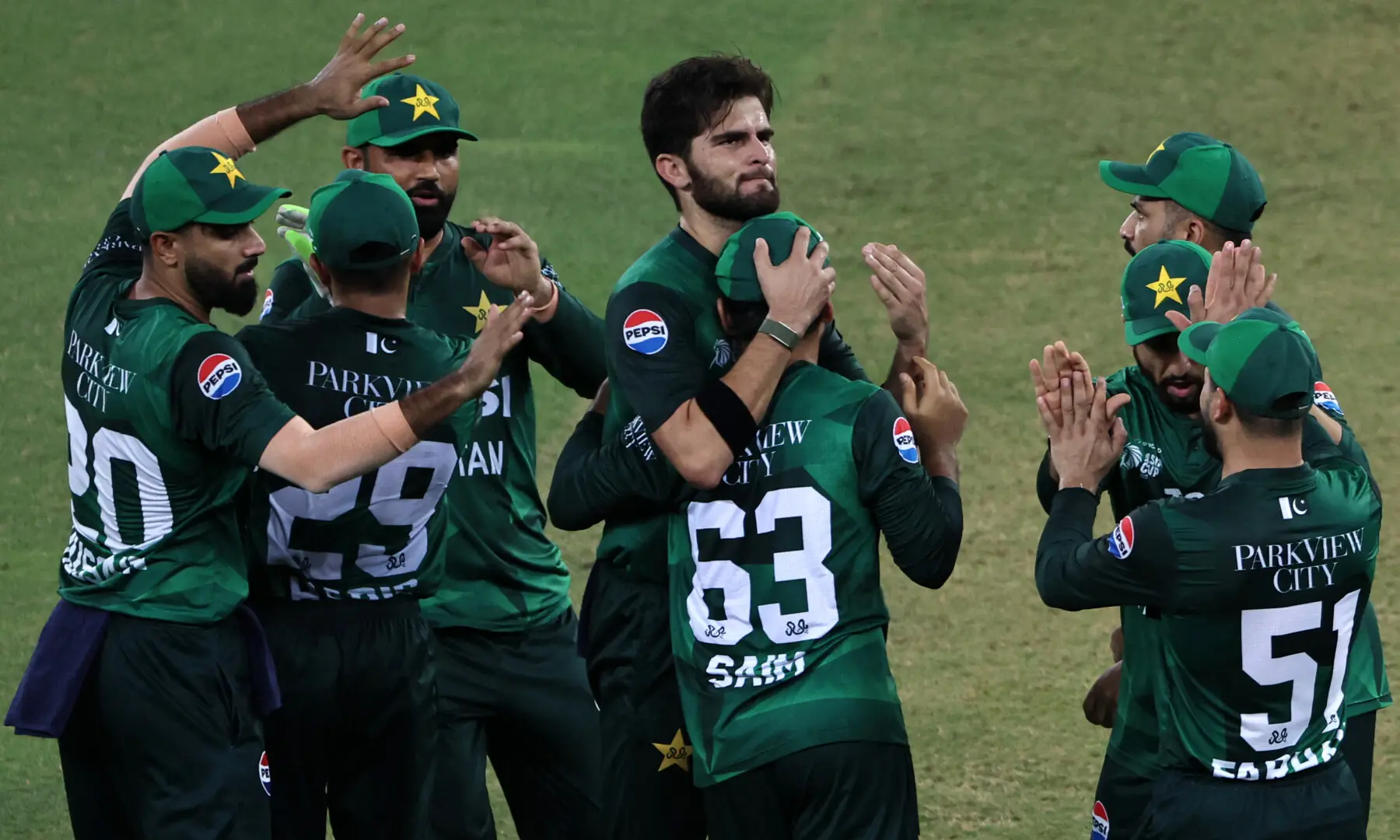 Shaheen Shah Afridi (C) celebrates with teammates after taking the wicket of Bangladesh’s Towhid Hridoy during the Asia Cup 2025 Super Four Twenty20 international cricket match between Bangladesh and Pakistan at the Dubai International Stadium, in Dubai on September 25, 2025. — AFP