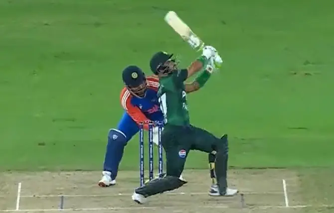  Sahibzada Farhan hits a six during the Asia Cup 2025 final against India at the Dubai International Stadium in Dubai, the UAE on September 28. &mdash; Screengrab via Tamasha 