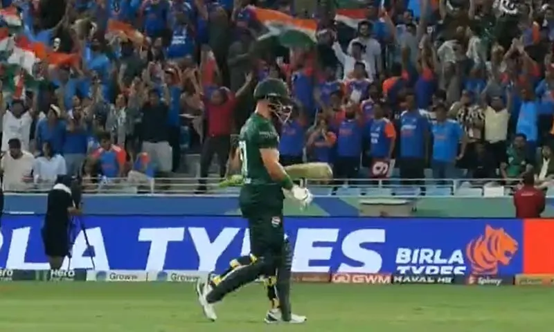 Sahibzada Farhan walks back to the pavilion after being caught out during the Asia Cup 2025 final against India at the Dubai International Stadium in Dubai, the UAE on September 28. &mdash; Screengrab via Tamasha