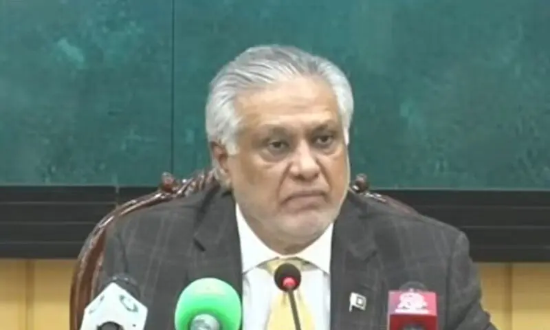 Foreign Minister Ishaq Dar addresses a press conference in Islamabad on Tuesday. &mdash; Screengrab via YouTube
