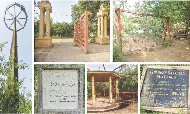 (Clockwise from left) A pole with fused floodlights stands to provide a nesting place for kites; the big entrance gate opens into an unkempt jungle; the swings beckon repairs rather than happy youngsters; a fallen children’s play area board gathers dust amid wildly growing bushes; think twice before attempting to step on that rickety little bridge; and, an old plaque serves as a reminder of better times of what the Urban Forest Park in Clifton Block 5 was and what it has come to be. — Fahim Siddiqi / White Star (Clockwise from left) A pole with fused floodlights stands to provide a nesting place for kites; the big entrance gate opens into an unkempt jungle; the swings beckon repairs rather than happy youngsters; a fallen children’s play area board gathers dust amid wildly growing bushes; think twice before attempting to step on that rickety little bridge; and, an old plaque serves as a reminder of better times of what the Urban Forest Park in Clifton Block 5 was and what it has come to be. — Fahim Siddiqi / White Star