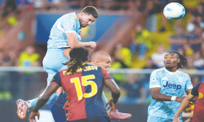 GENOA: Juventus&rsquo; Dusan Vlahovic scores with a header during the Serie A match against Genoa at Stadio Comunale Luigi Ferraris.&mdash;Reuters