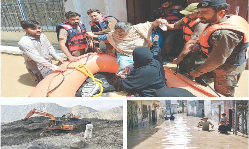 (Clockwise from top) Rescue 1122 personnel shift people to safer place in  a boat after rainwater entered their houses in a neighbourhood on Warsak Road, Peshawar, on Tuesday. Waist-high rainwater inundates a street in Budhani area of Peshawar. Clearance operation under way after landslides triggered by rain blocked the Wana&ndash;Gomal Zam Road in South Waziristan. &mdash; White Star/Dawn/APP