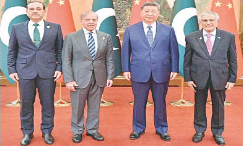 BEIJING: PM Shehbaz Sharif, Army Chief Field Marshal Asim Munir, and Deputy PM Ishaq Dar pose for a photo with Chinese President Xi Jinping.—APP BEIJING: PM Shehbaz Sharif, Army Chief Field Marshal Asim Munir, and Deputy PM Ishaq Dar pose for a photo with Chinese President Xi Jinping.—APP