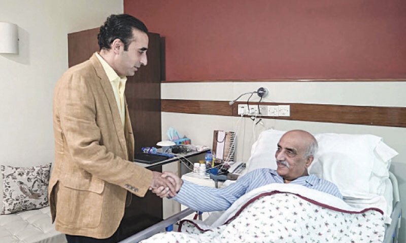 PPP Chairman Bilawal Bhutto-Zardari visits Syed Khursheed Ahmed Shah at a local hospital on Wednesday.&mdash;PPI