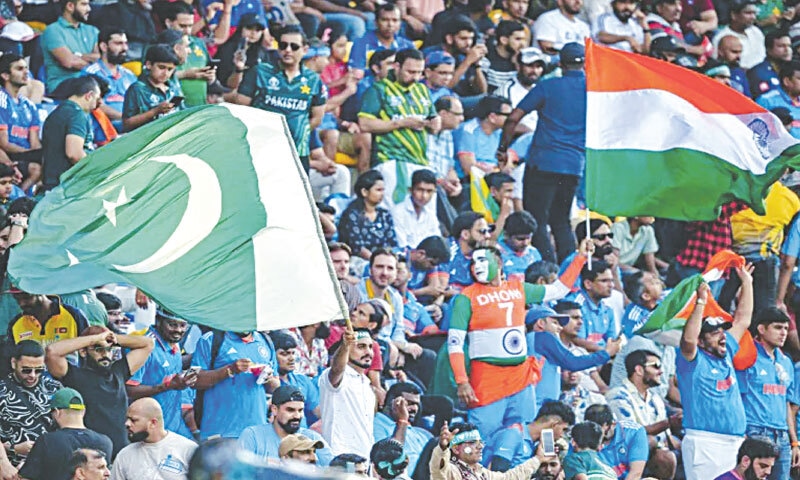 Fans wave Pakistan and India flags during their Asia Cup clash in 2023 at the Pallekele International Cricket Stadium in Kandy, Sri Lanka | AFP