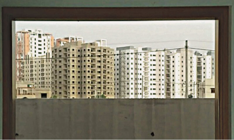 The view  of the development in Scheme 33 from inside a residence in Muhammadi Housing Society : Karachi&rsquo;s vertical expansion illustrates the city&rsquo;s isolated high-stakes approach to urban development
| All images and diagrams courtesy Marvi Mazhar and Associates (MMA)
