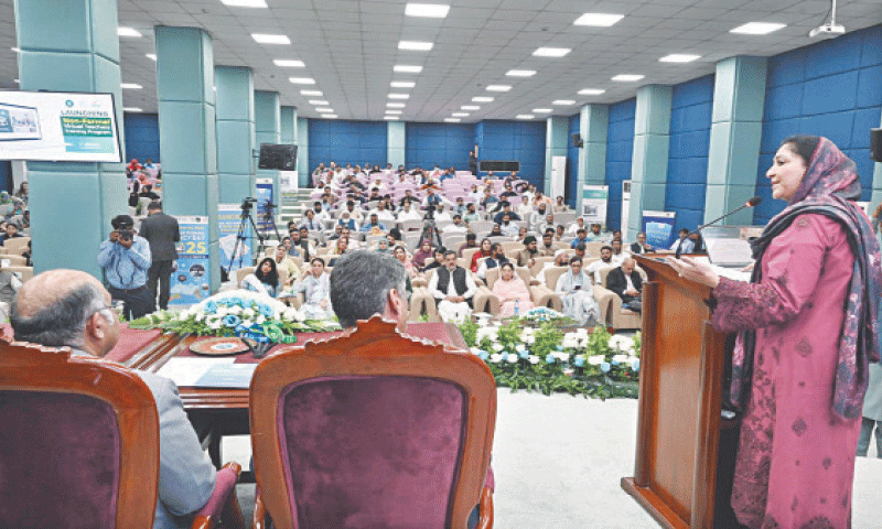 Minister of State for Federal Education Wajiha Qamar speaks at a seminar on &lsquo;Promoting Literacy Era&rsquo; in Islamabad on Monday. &mdash; APP