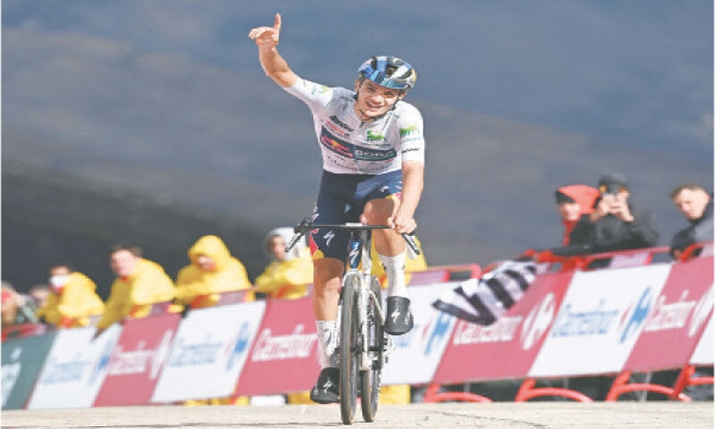 TEAM Bora&rsquo;s Italian rider Giulio Pellizzari celebrates as he crosses the finish line to win the 17th stage of the Vuelta a Espana on Wednesday.&mdash;AFP