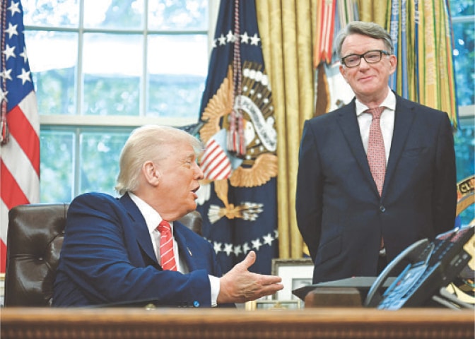 US PRESIDENT Donald Trump speaks with British ambassador to the United States Peter Mandelson at the White House on May 8.&mdash;AFP/file