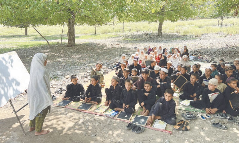 Students of a community school in Dray Wandi village of upper Bara attend a class under a tree. &mdash; Dawn