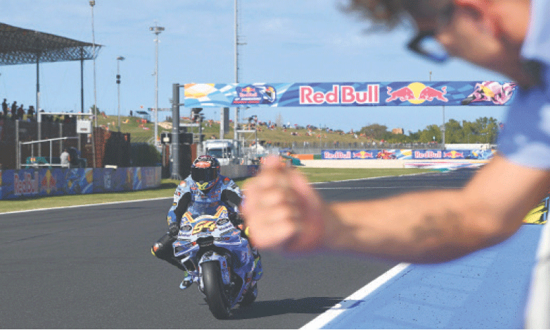 BK8 Gresini Racing MotoGP team&rsquo;s Fermin Aldeguer of Spain rides to set the best time during the practice session of the MotoGP Grand Prix of San Marino and the Rimini Riviera at the Misano World Circuit Marco-Simoncelli on Friday.&mdash;AFP