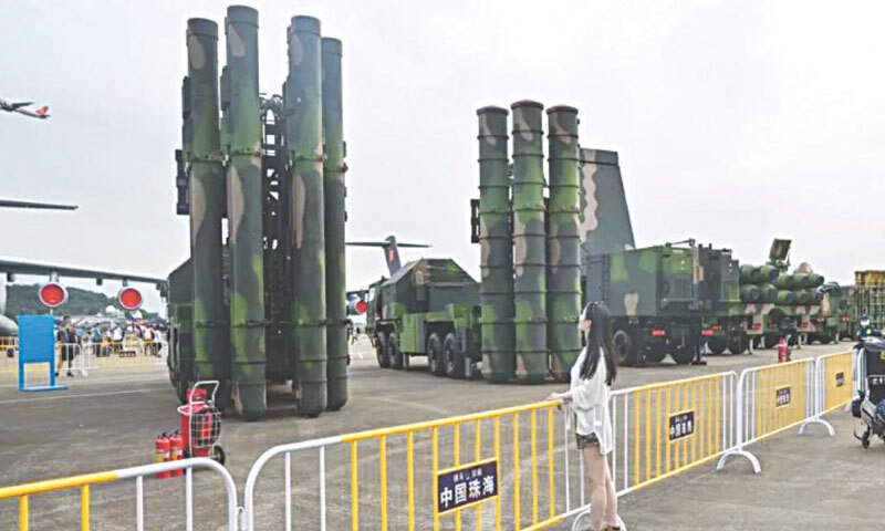 File photo of China&rsquo;s HQ-9B surface-to-air missile system (left) and HQ-19 surface-to-air missile system taken during an aviation and aerospace exhibition in Guangdong, China on November 15, 2024 | AFP