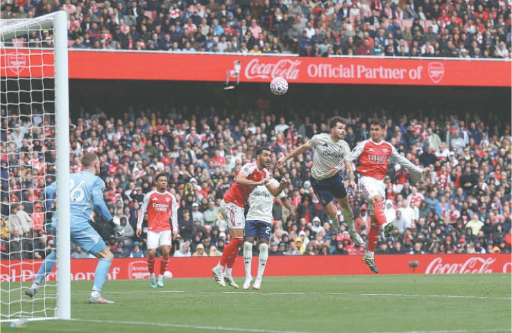LONDON: Arsenal&rsquo;s Martin Zubimendi (R) scores with a header during the Premier League match against Nottingham Forest at the Emirates Stadium on Saturday.&mdash;Reuters