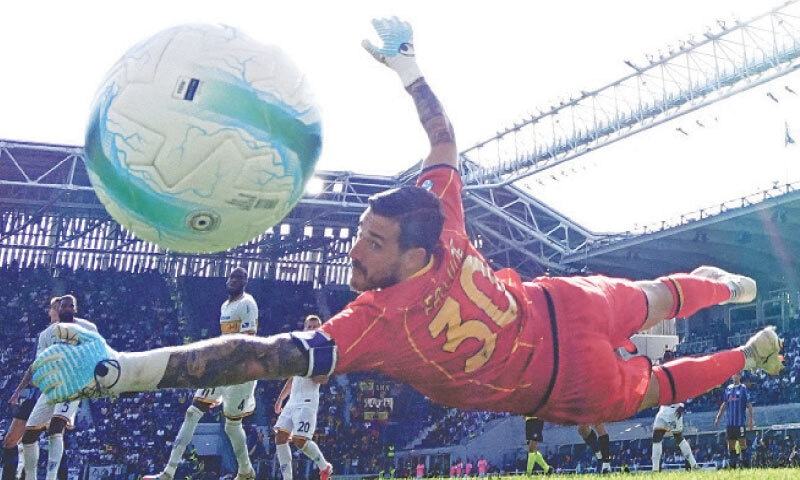 BERGAMO: Atalanta&rsquo;s Charles De Ketelaere (obscured) scores past Lecce goalkeeper Wladimiro Falcone during their Serie A match at the Gewiss Stadium.&mdash;Reuters