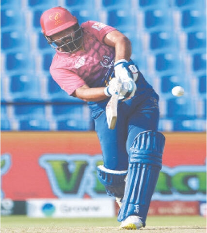 ABU DHABI: UAE opener Alishan Sharafu plays a shot during the T20 Asia Cup match against Oman at the Sheikh Zayed Cricket Stadium on Monday.&mdash;AFP