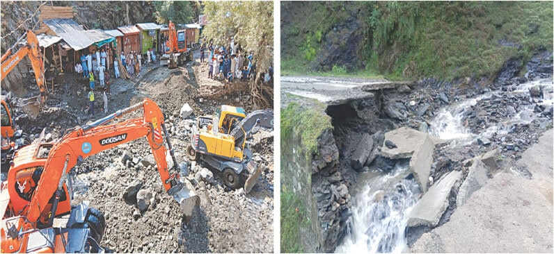 A road in Ashrait village near Lowari tunnel, which was washed away by flash flood in the early hours on Tuesday, being cleared for vehicular traffic. (Right) A portion of Belkanai-Lilownai Road in Shangla swept away by hill torrent. &mdash; Dawn