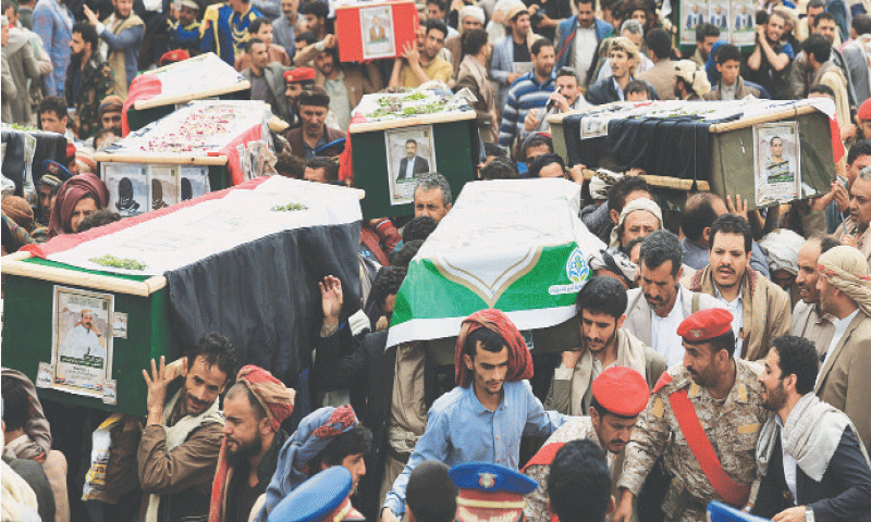 Sanaa: Mourners carry coffins of members of the Houthi military media, killed in last week&rsquo;s Israeli air strikes, during their funeral.&mdash;Reuters