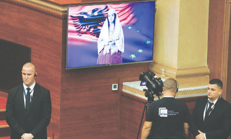 ALBANIA&rsquo;s AI-generated &lsquo;minister speaks during a parliamentary session in Tirana.&mdash;AFP