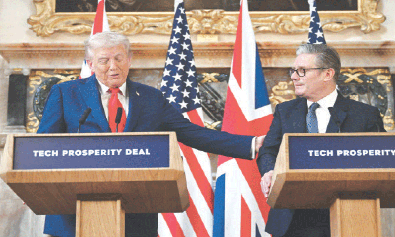 US President Donald Trump gestures during a joint press conference alongside UK PM Keir Starmer.&mdash;AFP