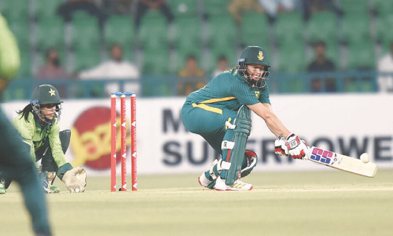 LAHORE: South African opener Tazmin Brits plays a reverse sweep during the second One-day International against Pakistan at the Gaddafi Stadium on Friday.&mdash;M. Arif/White Star