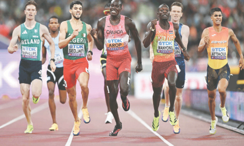 (FROM left) Ireland&rsquo;s Cian Mcphillips, Botswana&rsquo;s Tshepiso Masalela, Algeria&rsquo;s Djamel Sedjati, Canada&rsquo;s Marco Arop, Kenya&rsquo;s Emmanuel Wanyonyi and Spain&rsquo;s Mohamed Attaoui compete in the men&rsquo;s 800m final during the World Athletics Championships 
on Saturday.&mdash;AFP