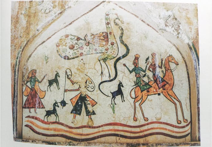 Painting depicts Sassi and Punnu at the tomb of Sahib Fakir Shahani in Dadu