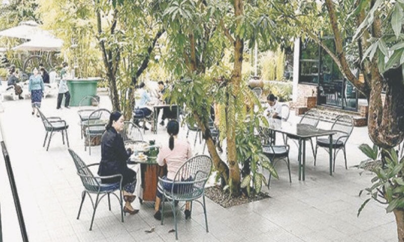 A tranquil garden setting where diners are surrounded by lush greenery.&mdash;Courtesy Vientiane Times