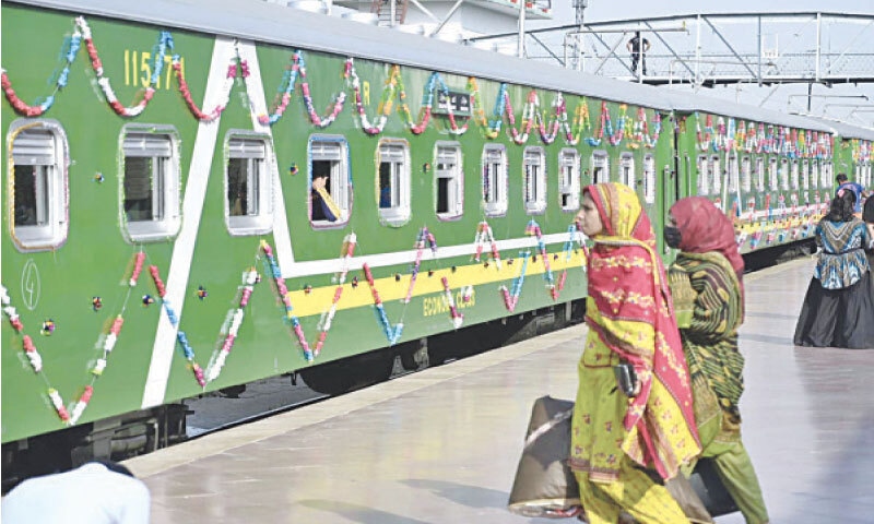 A decorated train stands at the Rawalpindi Railway Station on Monday. &mdash; APP